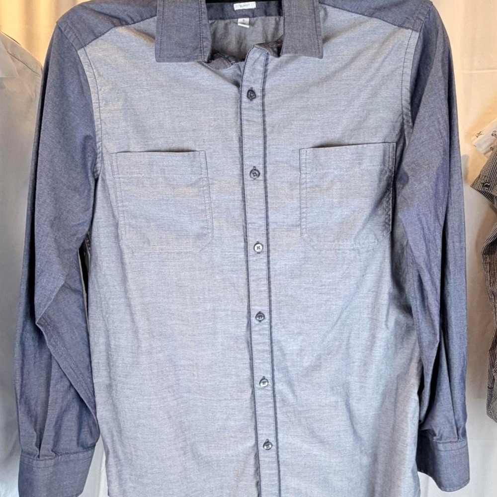 Perry Ellis Portfolio Mens Slim Fit Colorblock Button Down Shirt Grey Blue M